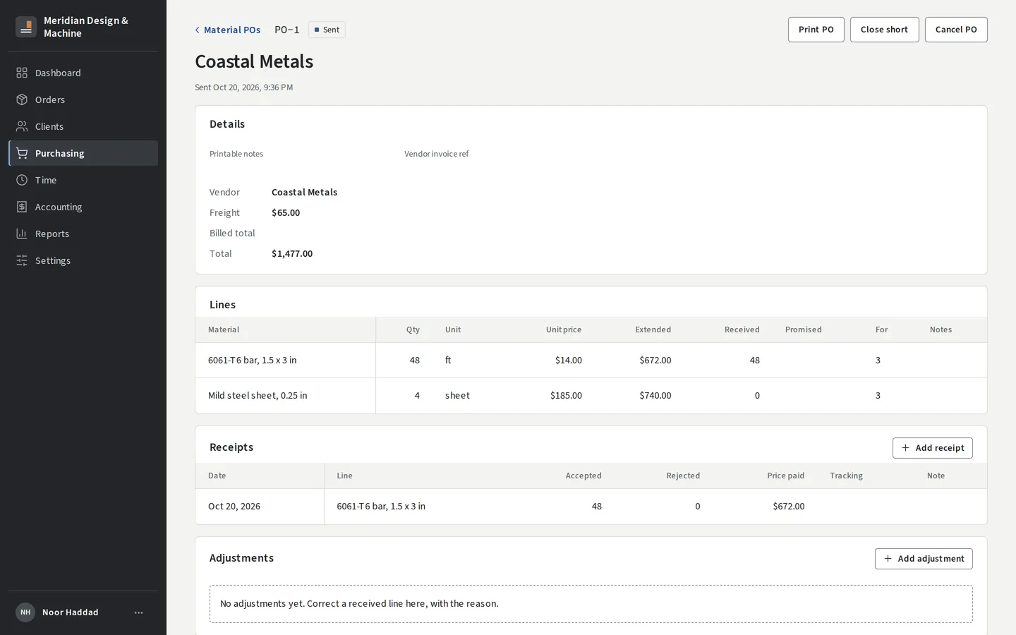 A material purchase order from Coastal Metals: two lines, one received, with the receipt below.