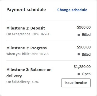 An order's payment schedule: the deposit and progress milestones billed, the balance due on delivery.