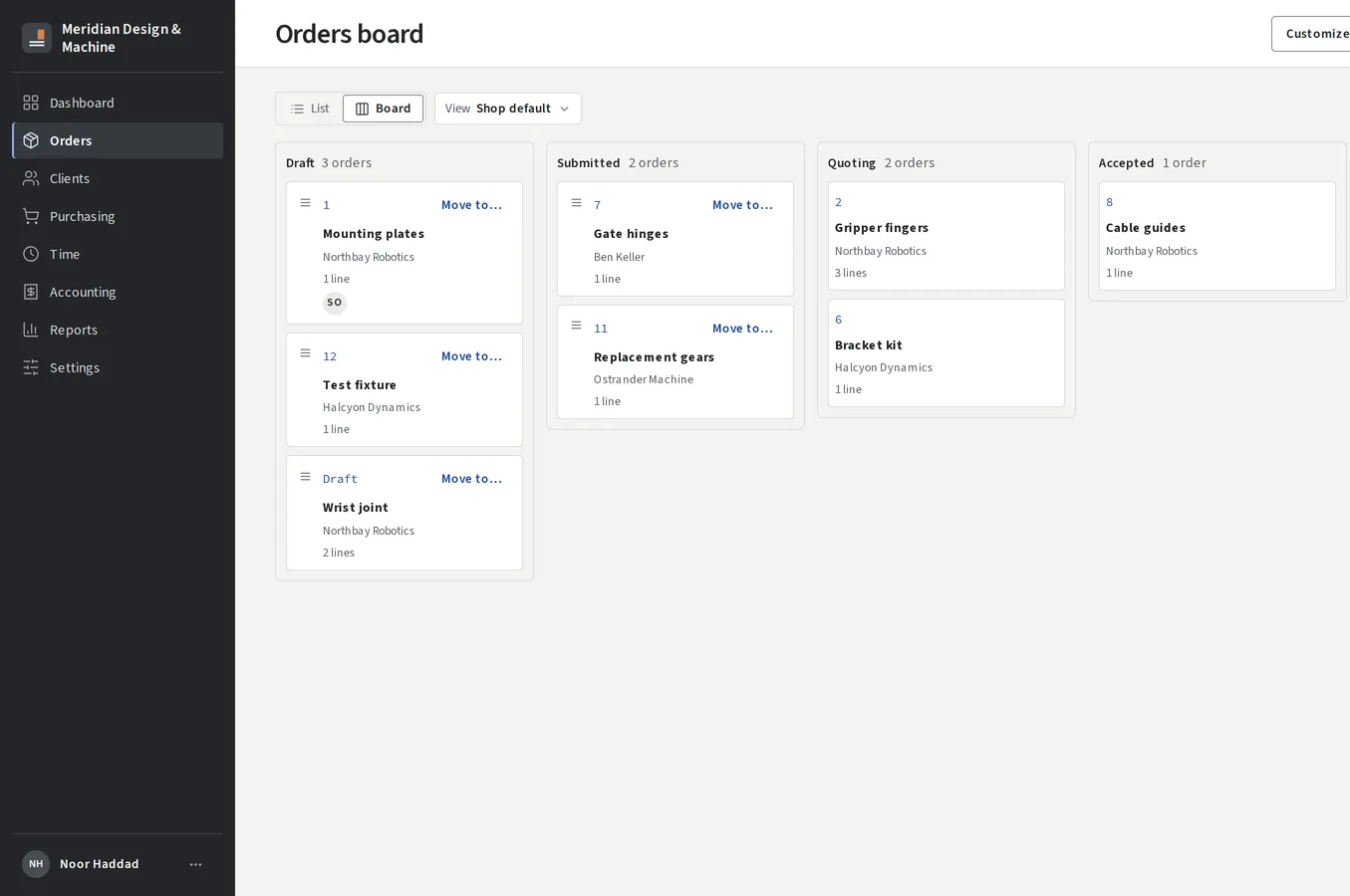 The orders board: cards for each order in columns from Draft to Accepted.