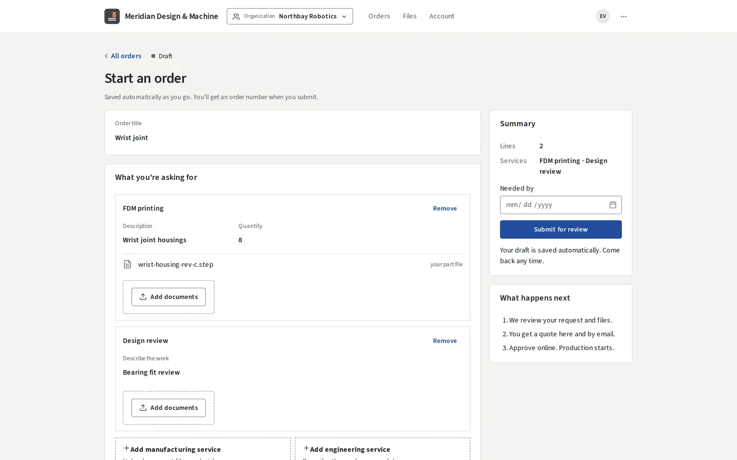 A client starting an order in the portal: a printed part with its file attached, and a design review line.