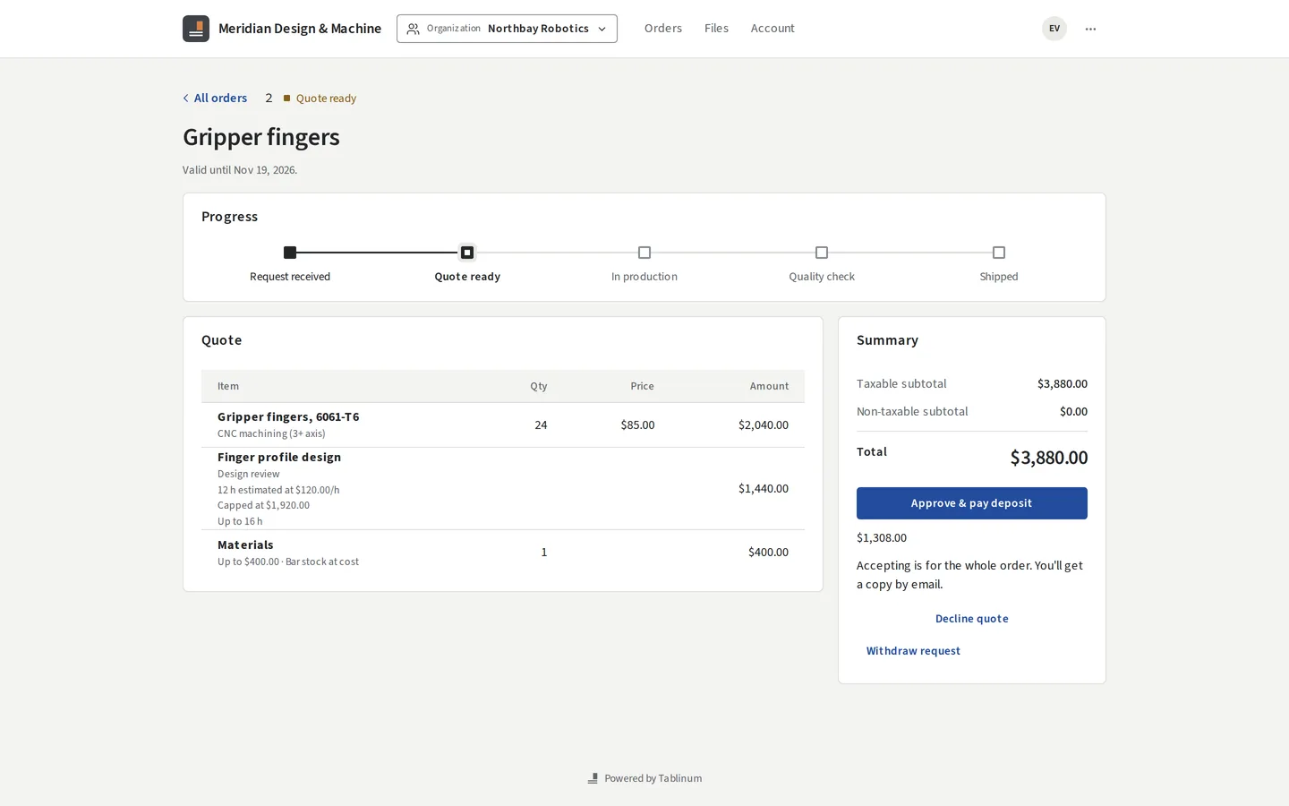 A client's view of an order: a progress bar from Request received to Shipped, the quote, and an Approve & pay deposit button.