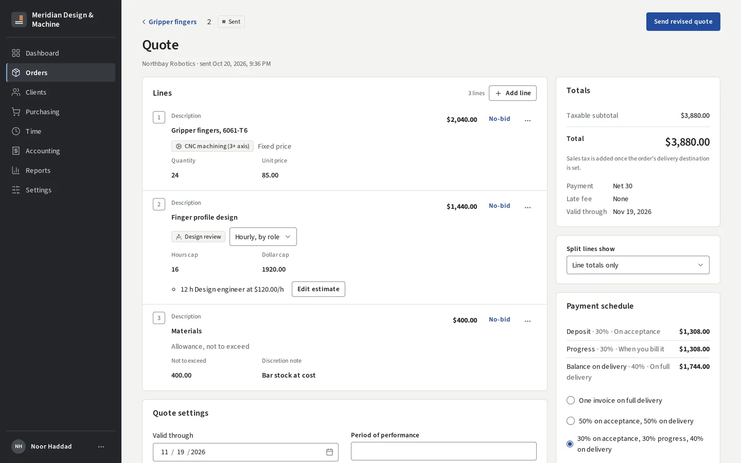 The quote builder: a fixed-price line, an hourly line with its caps, a materials allowance, and a 30/30/40 payment schedule.
