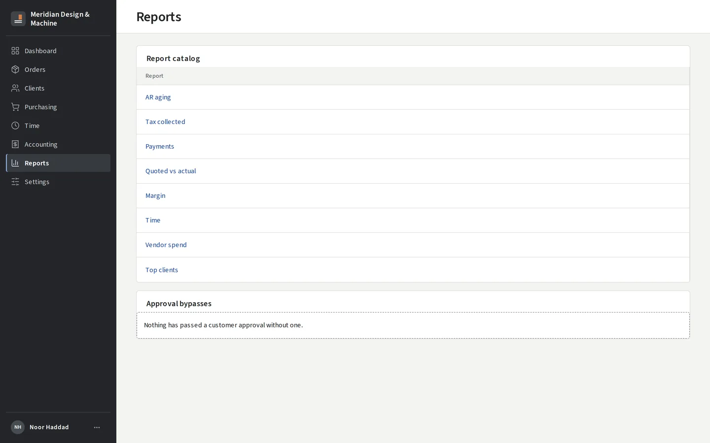 The report catalog: AR aging, tax collected, payments, quoted vs actual, margin, time, vendor spend and top clients.